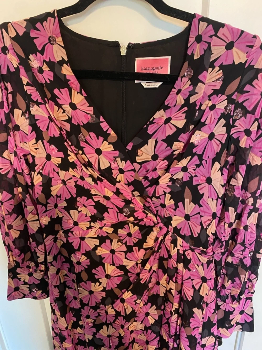 kate spade Black and Pink Floral Long-Sleeve Wrap Dress